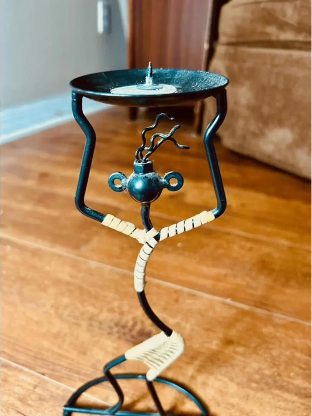 African Dancing Tribal Art Handcrafted Metal and Wicker Candle Holder